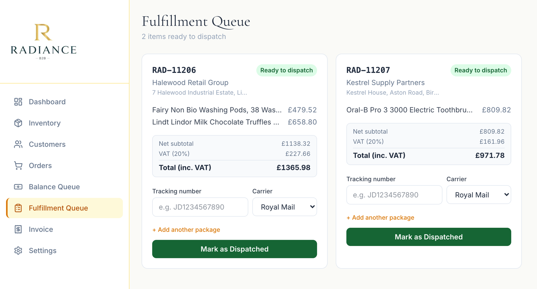 A wholesaler's fulfilment queue